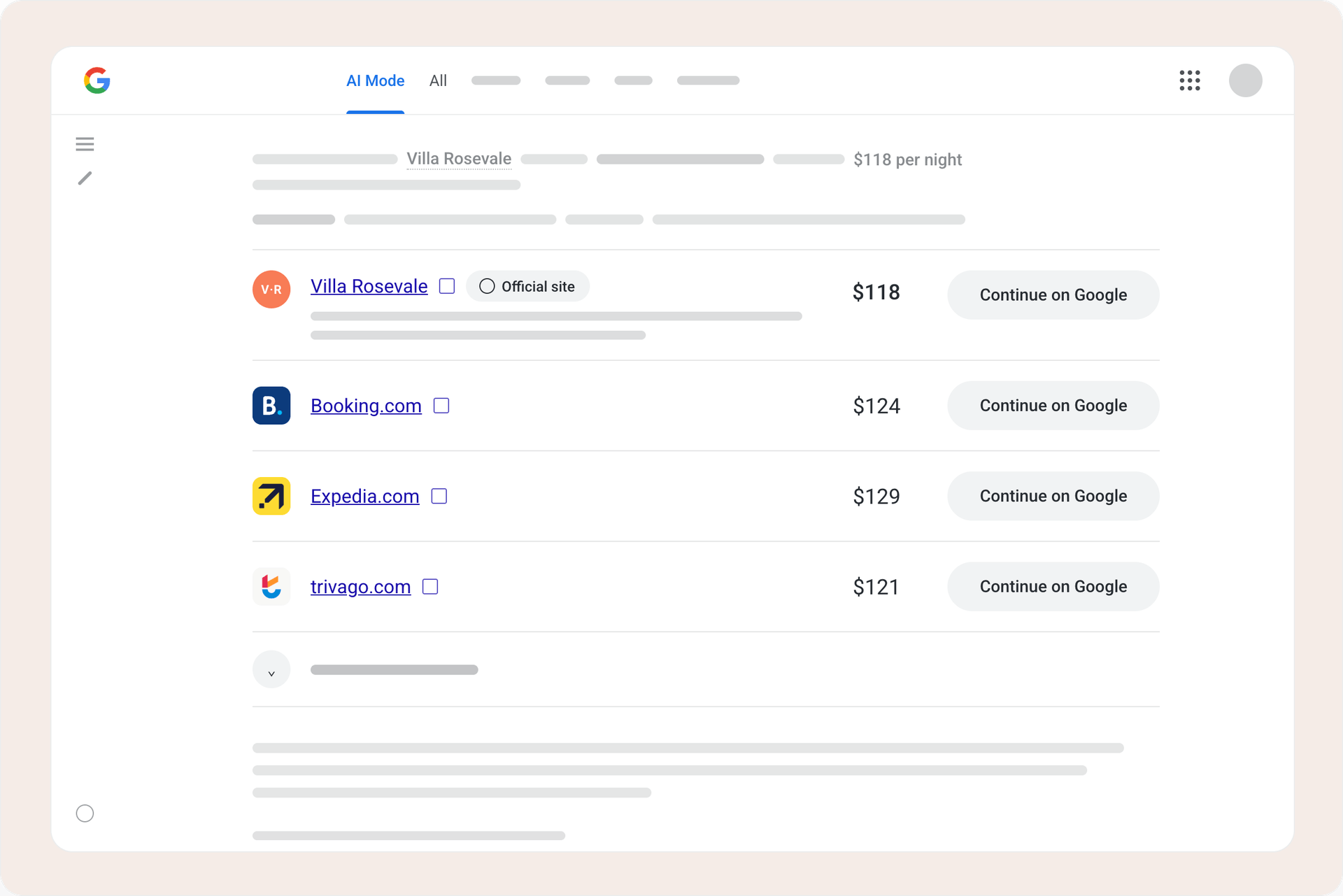 Google AI Mode listing a hotel’s price on its official site next to Booking.com, Expedia and trivago, each with a “Continue on Google” button
