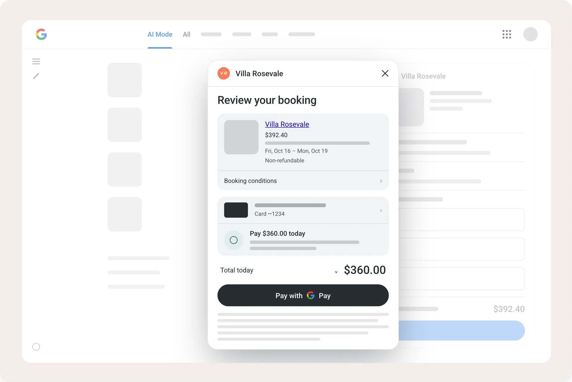 Google AI Mode showing a “Review your booking” panel for a hotel, with a Pay with Google Pay button