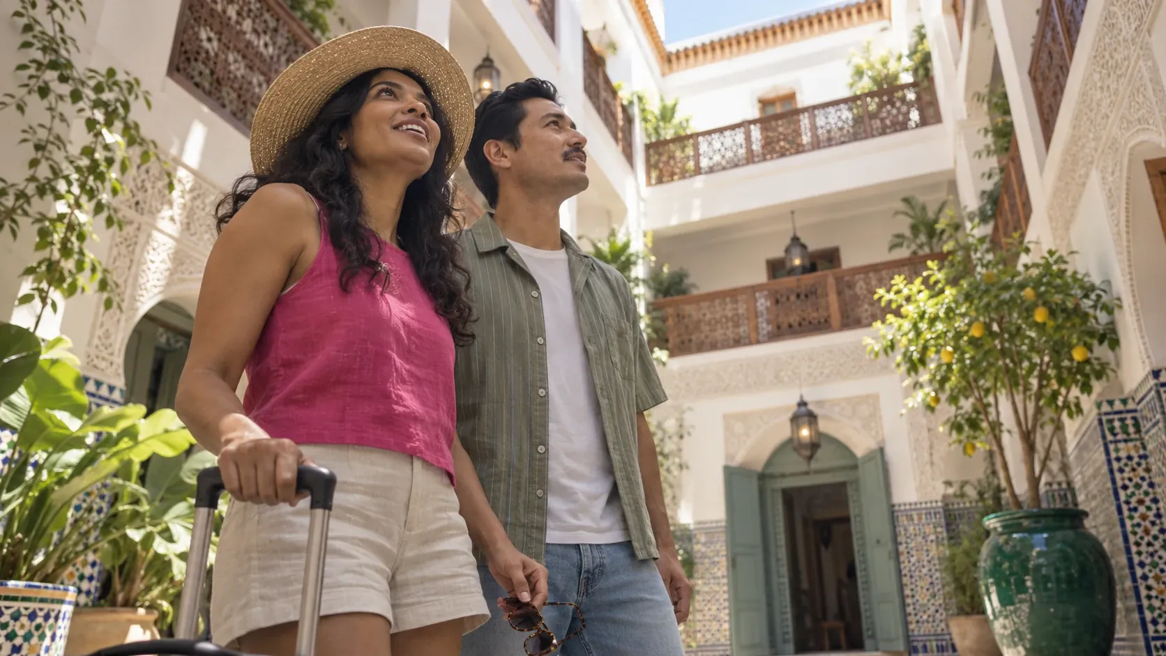 A smiling couple with luggage arriving in the sunlit courtyard of a boutique hotel
