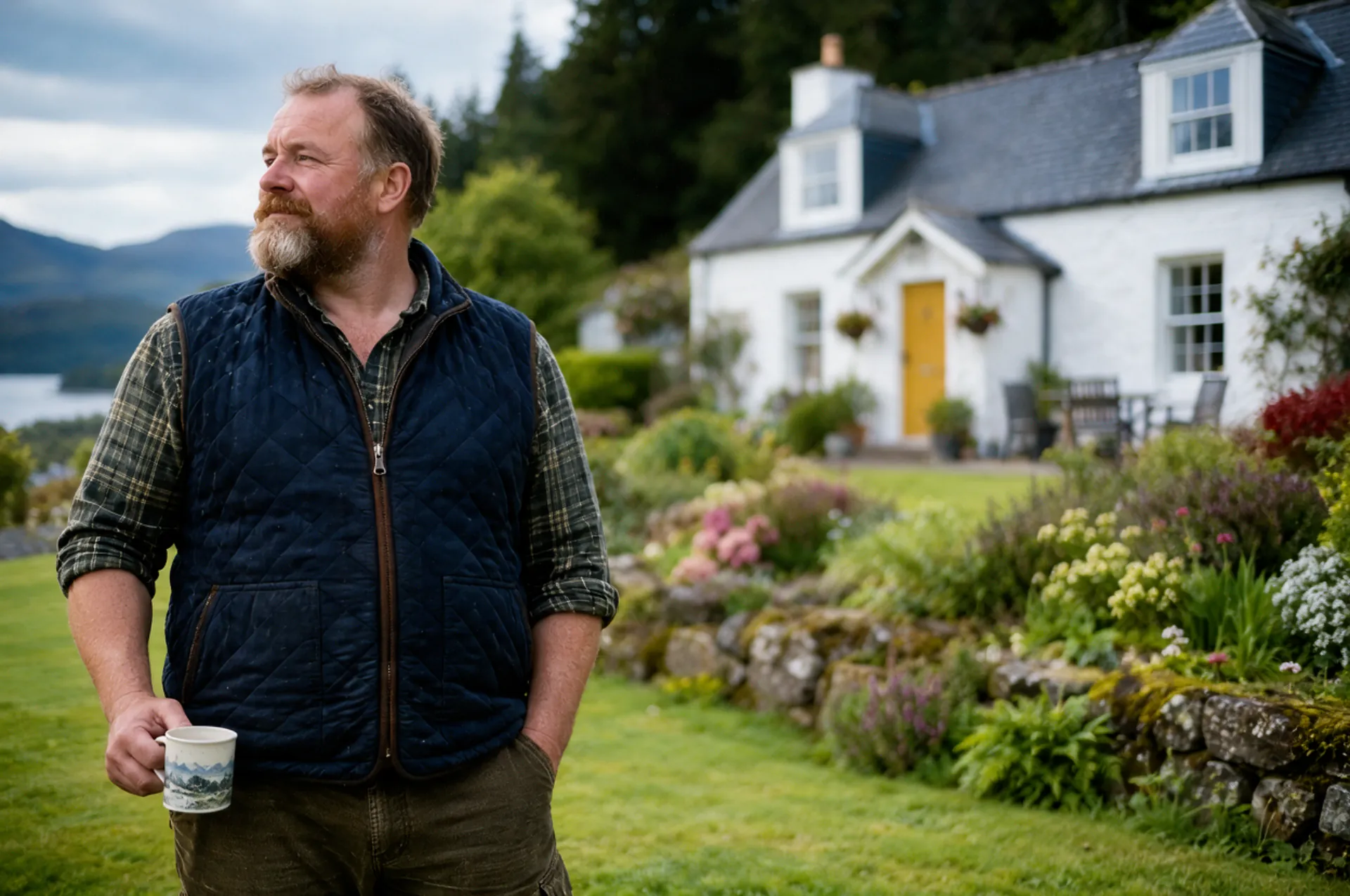 A new owner holding a mug of coffee in the garden of a white stone guest house with a yellow front door