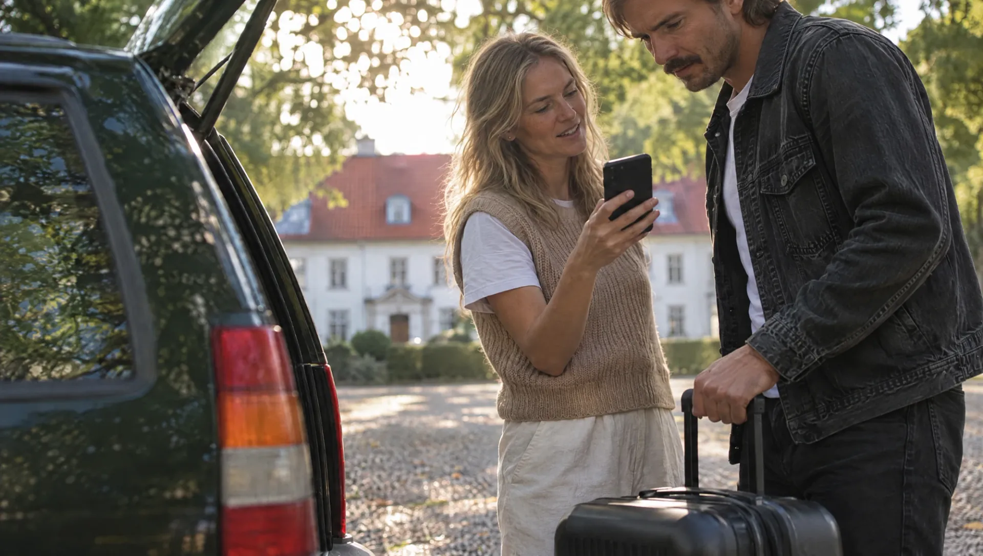 Two travellers with a suitcase checking a phone beside their car outside a white manor house