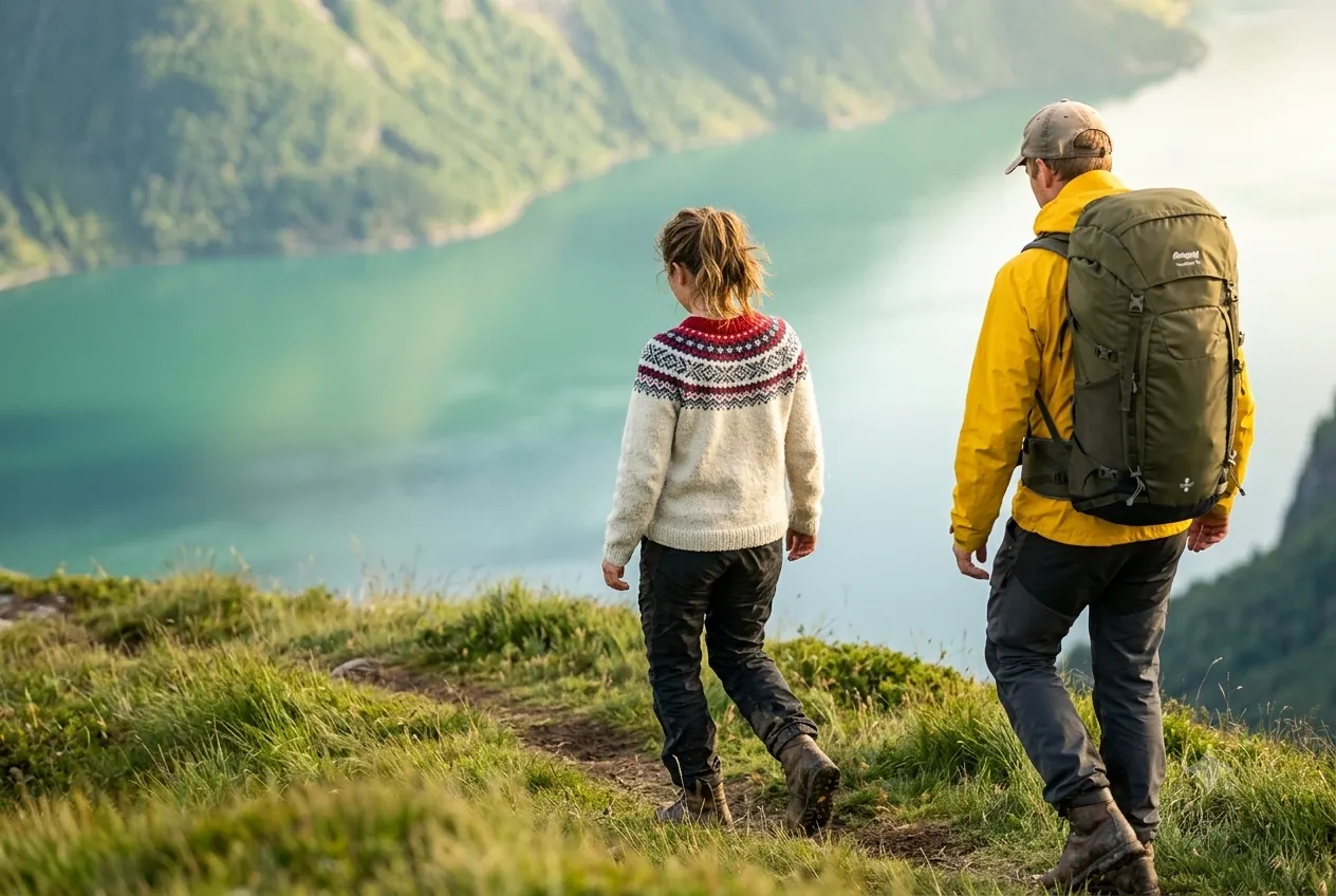 To turgåere, en i strikkegenser og en i gul jakke med ryggsekk, går langs en gresskledd sti høyt over en norsk fjord