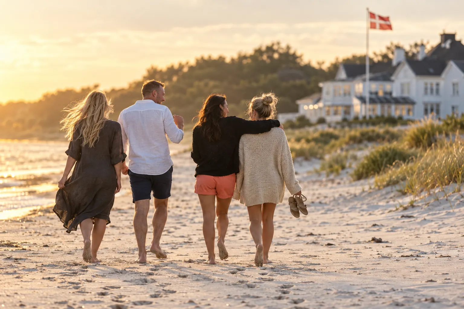 Fire venner går barfodet langs en dansk sandstrand i solnedgangen med klitter, et hvidt badehotel og et dansk flag i baggrunden