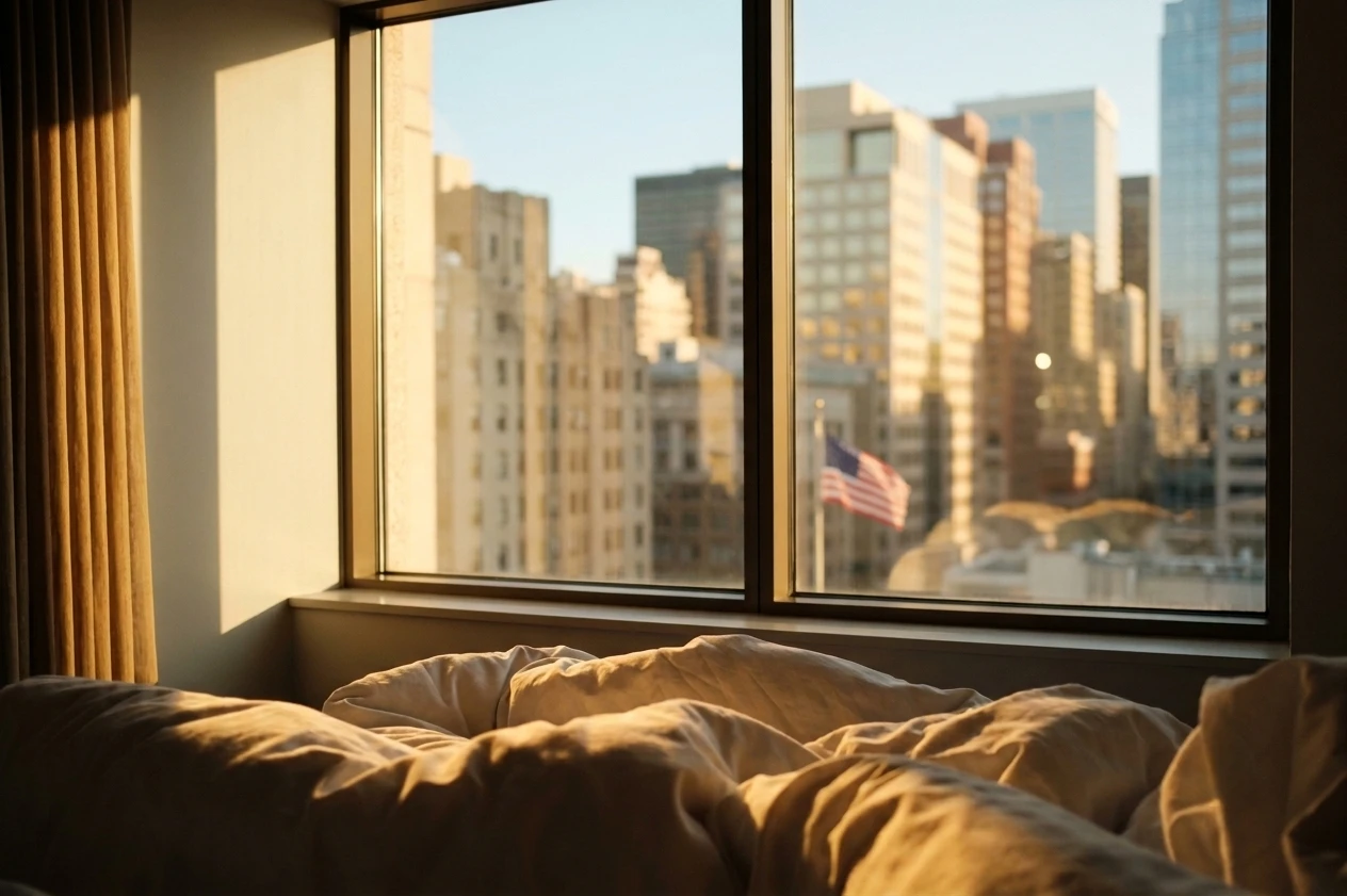 Morning sun lighting an unmade hotel bed beside a window overlooking city high-rises and an American flag