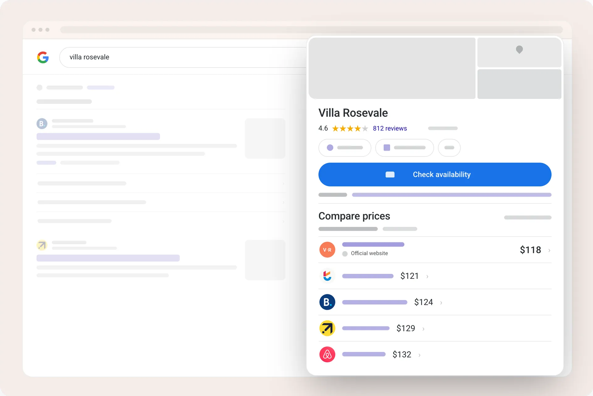 Ett sökresultat på Google för ett boende, där prisjämförelsen visar boendets egen hemsida med det lägsta priset