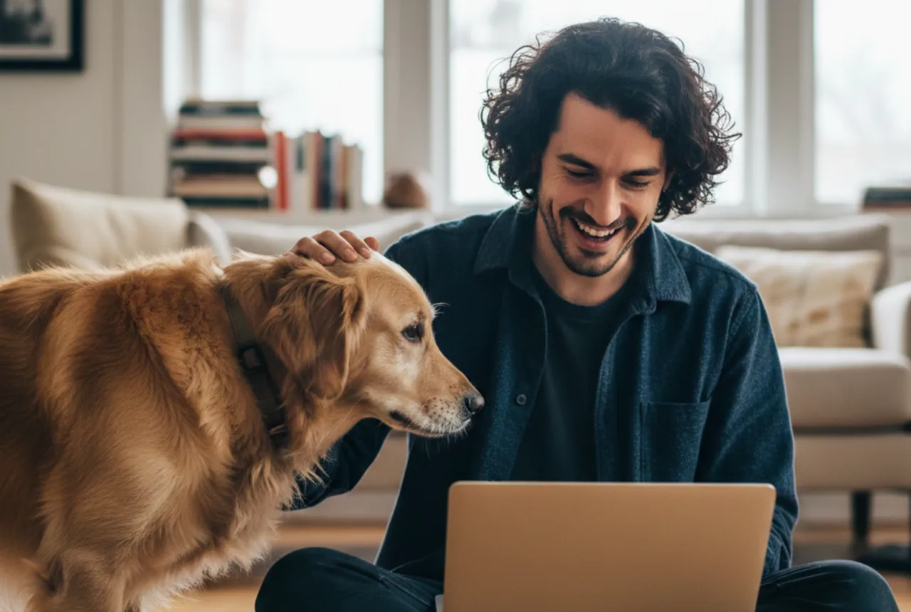 A host working on a laptop with a dog beside them