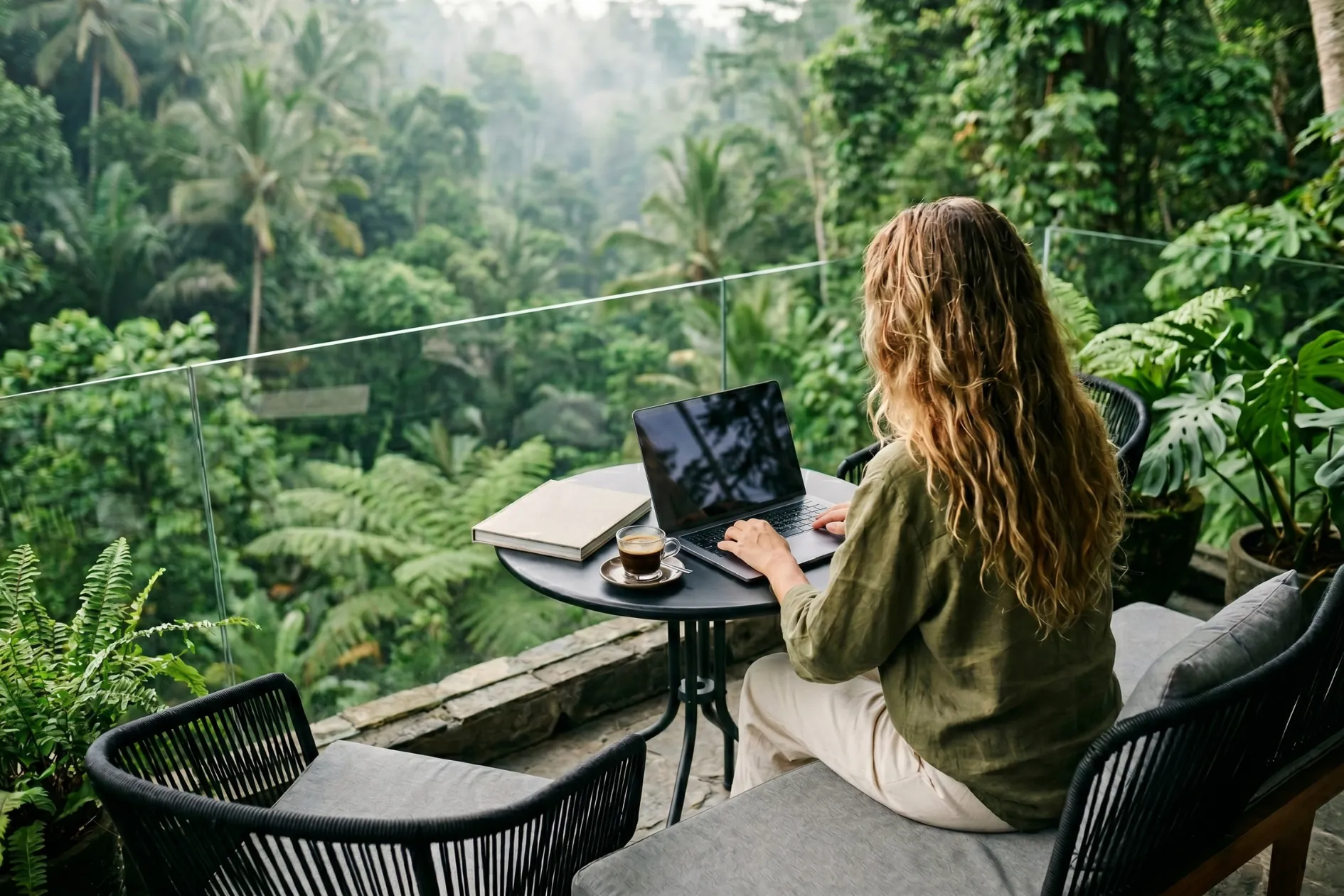 A host working on a laptop on a tropical terrace