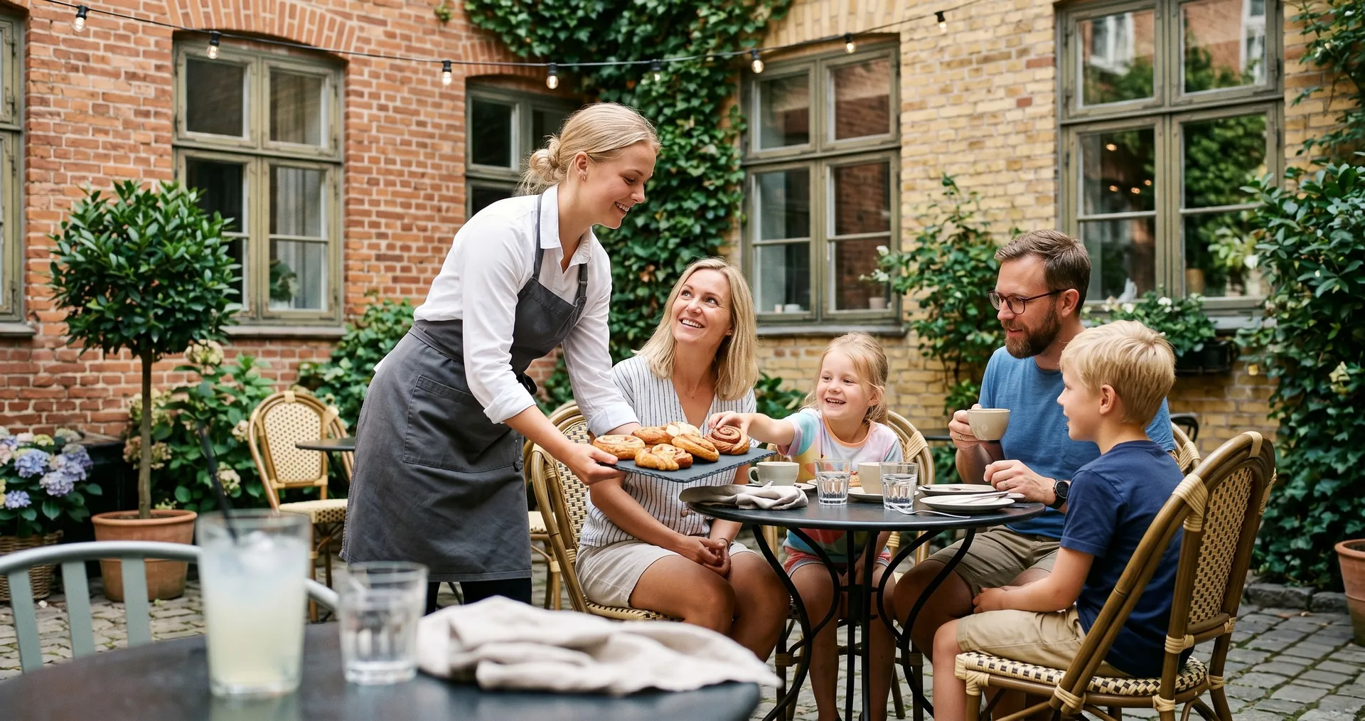 Värd som serverar frukost till en familj på en innergård av tegel