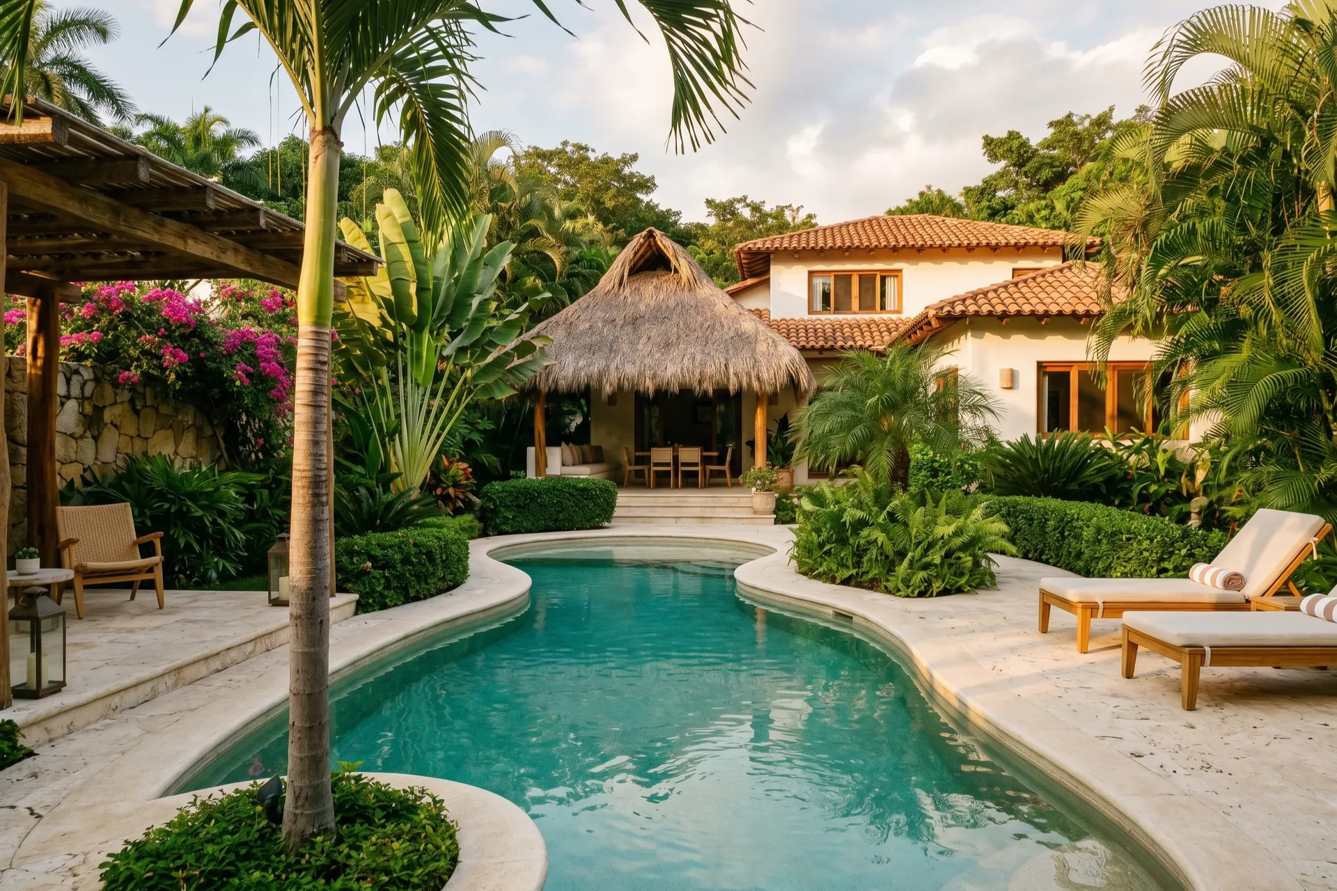 A Mexican-style villa with a pool and terracotta roof