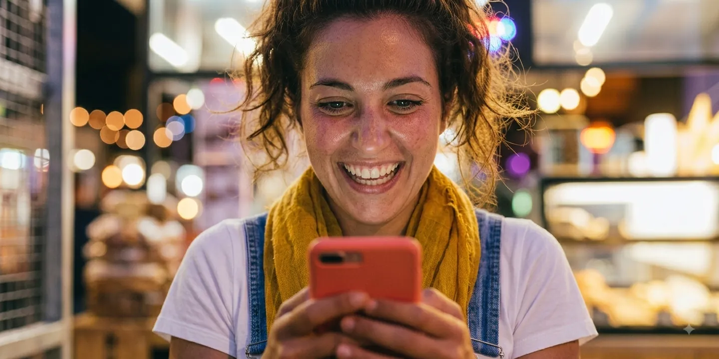 Smilende kvinne som ser på telefonen sin på en kafé