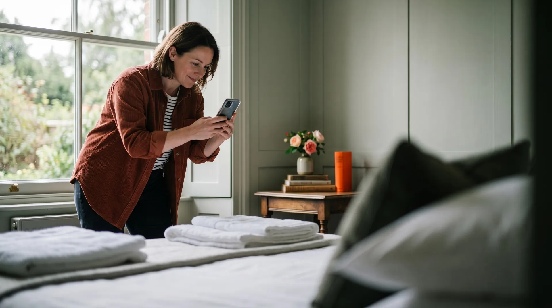A smiling host in a bed and breakfast interior