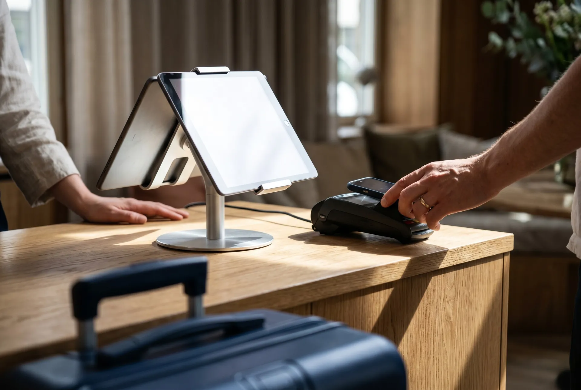 A guest checking in with a tablet at hotel reception