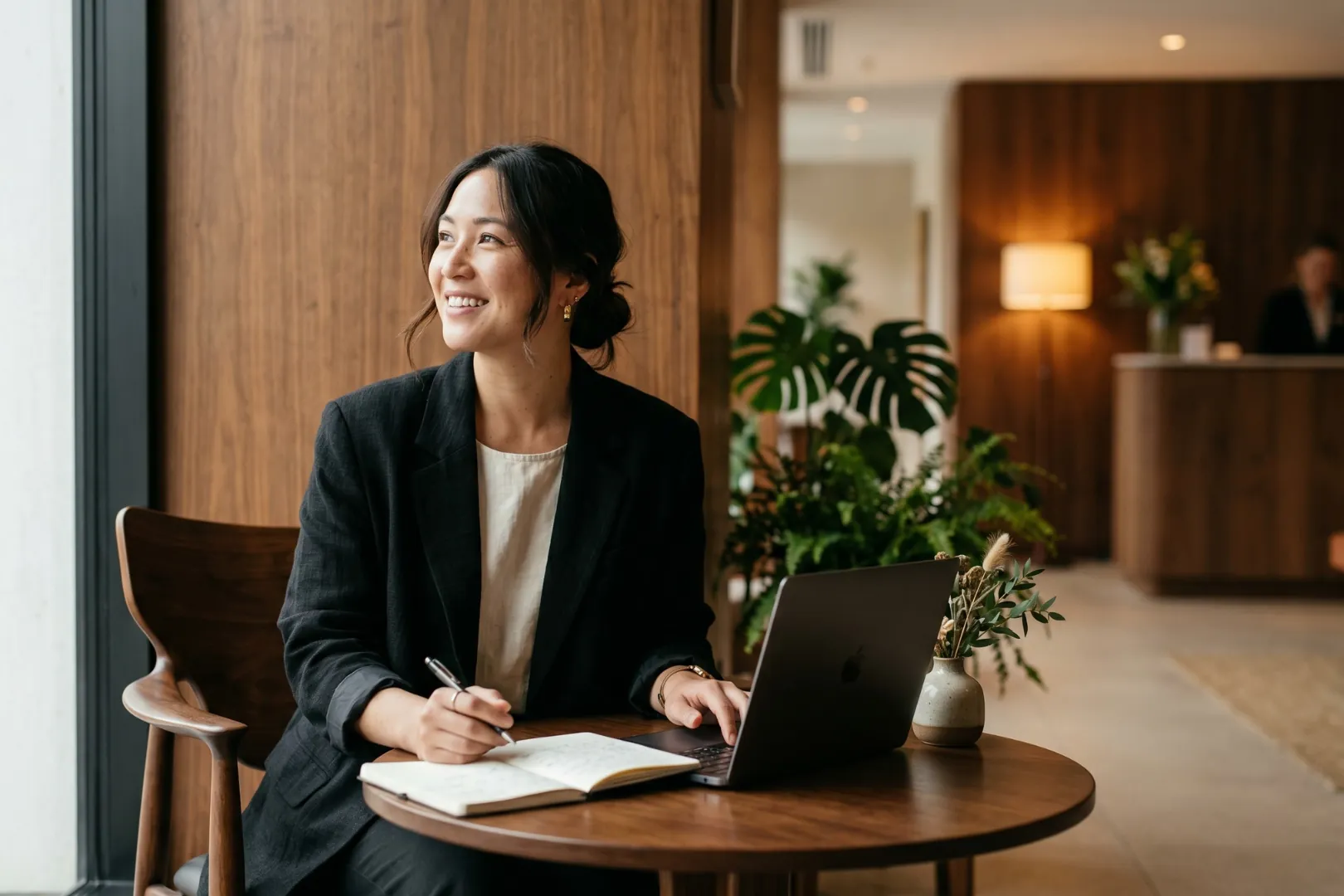 A host working at a laptop in a modern office