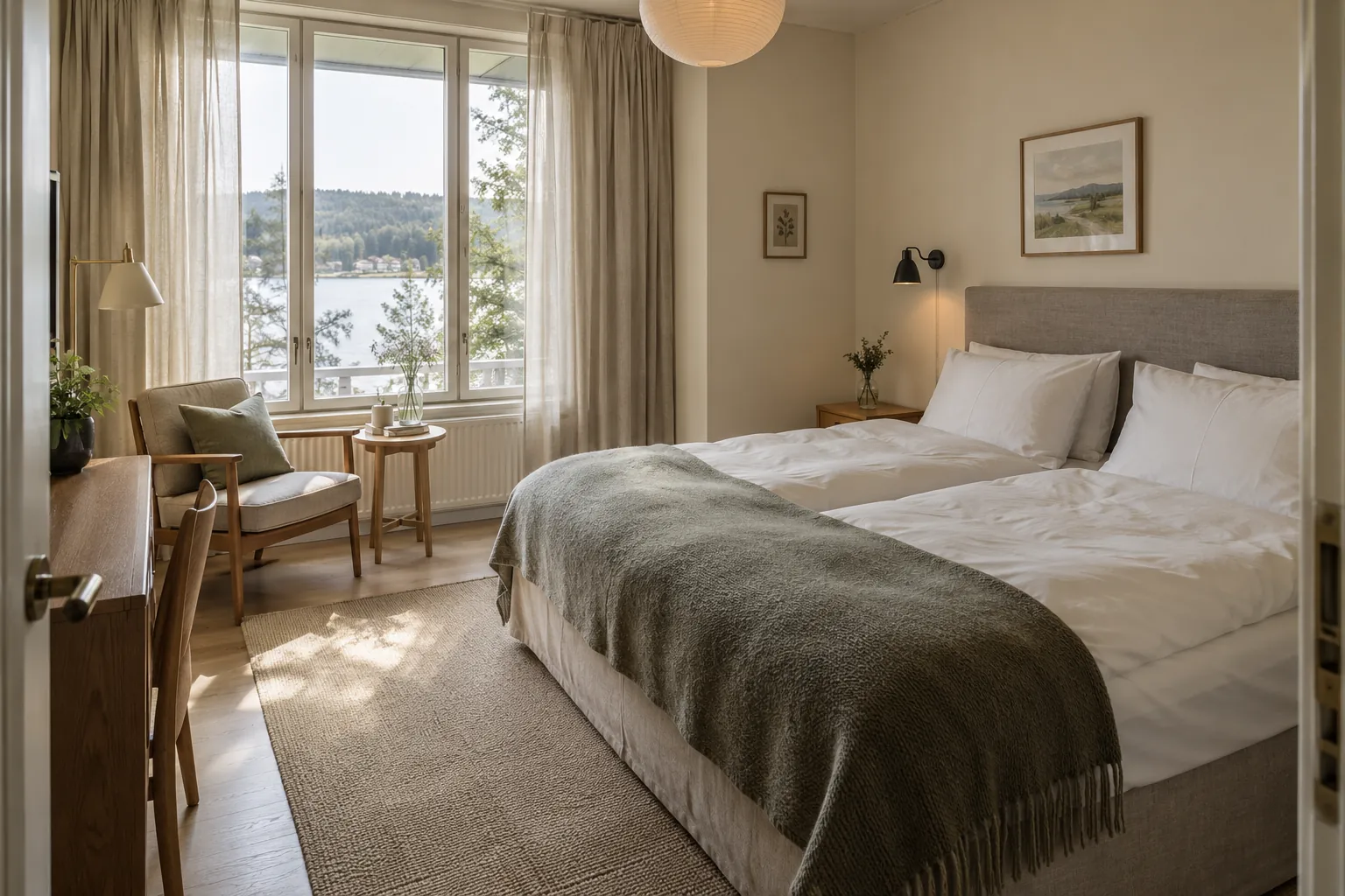 Bright hotel room with a lake view through the window